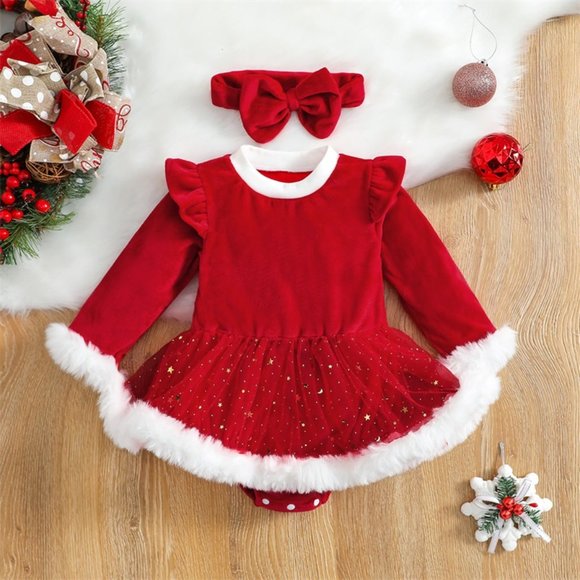 One Pieces Christmas Santa Baby Girls Velour Romper Dress Headband